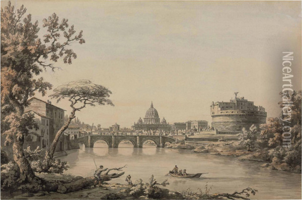 A View Of The Tiber With Saint Peter's And The Castel Sant'angelo, Rome Oil Painting - William Marlow