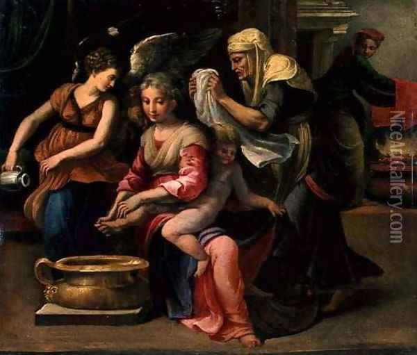 Bathing of a Baby Oil Painting - Girolamo Francesco Maria Mazzola (Parmigianino)