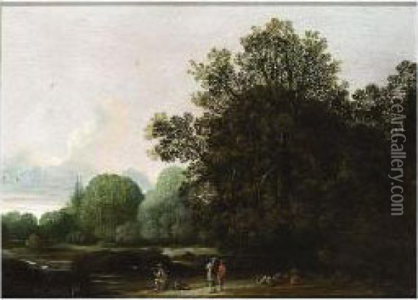 A Wooded Landscape With Sportsmen Shooting Ducks Oil Painting - Pieter Jansz. van Asch