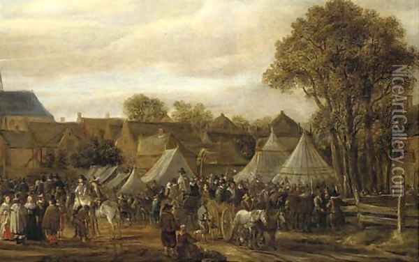 A horse fair, said to be Valkenburg, with figures in wagons and on horseback by booths outside the town walls Oil Painting - Cornelis Beelt