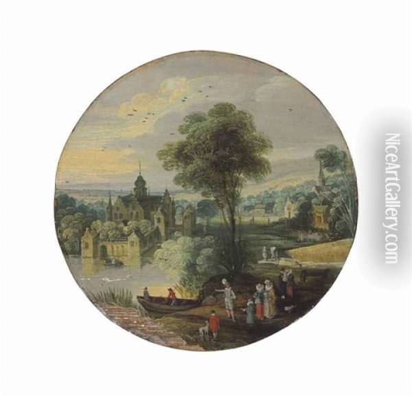 A River Landscape With An Elegant Company, A Manor House Beyond Oil Painting - Joos de Momper the Younger