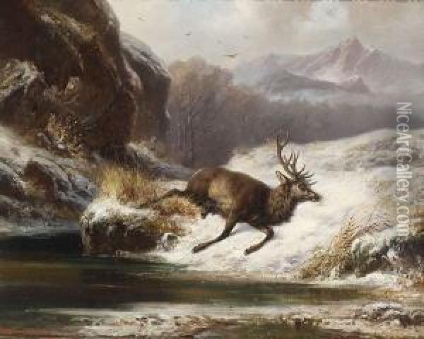 Erlegter Hirsch Im Schnee. Oil Painting - Carl Beyer