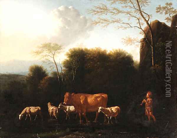 A Shepherd and Livestock fording a Stream Oil Painting - Adriaen Van De Velde