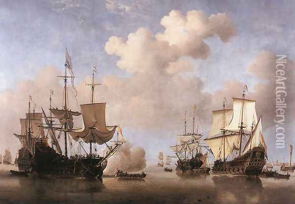 Calm- Dutch Ships Coming to Anchor 1665-70 Oil Painting - Willem van de Velde the Younger