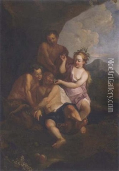 The Drunken Silenus With Satyrs And A Nymph Oil Painting - Giulio Carpioni
