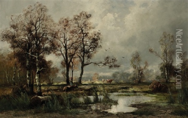 Herbstlandschaft Mit Kuhen Oil Painting - Adolf Kaufmann