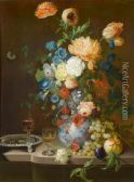 Roses, Tulips, Convolvulus, 
Auricula And Otherflowers In A Porcelain Vase On A Stone Ledge With A 
Silver Salver,grapes, A Plum, Peaches And Two Wine Glasses Oil Painting - Jean Baptiste Berre