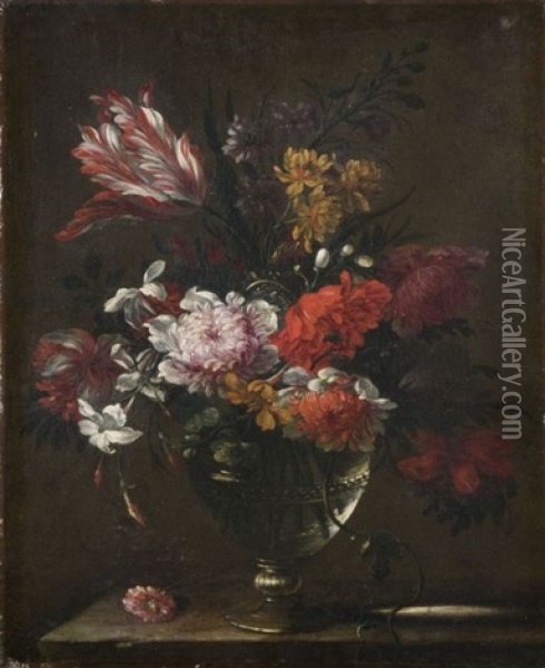 Bouquet De Fleurs Sur Un Entablement De Pierre Oil Painting - Jean-Baptiste Monnoyer