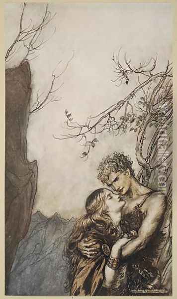 Brunnhilde throws herself into Siegfrieds arms, illustration from Siegfried and the Twilight of the Gods, 1924 Oil Painting - Arthur Rackham
