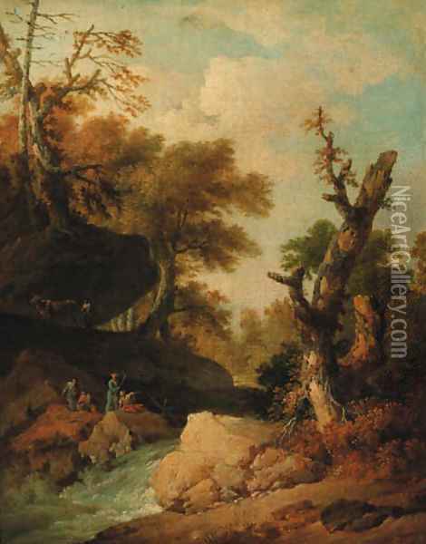 A rocky river landscape with travellers resting on a bank Oil Painting - Franz Ferg