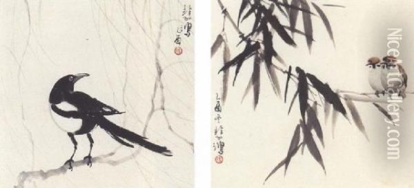 Sparrows; Magpie Oil Painting - Xu Beihong