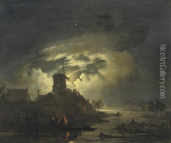 Fishing By The Windmill At Night Oil Painting - Hendrik Gerrit ten Cate