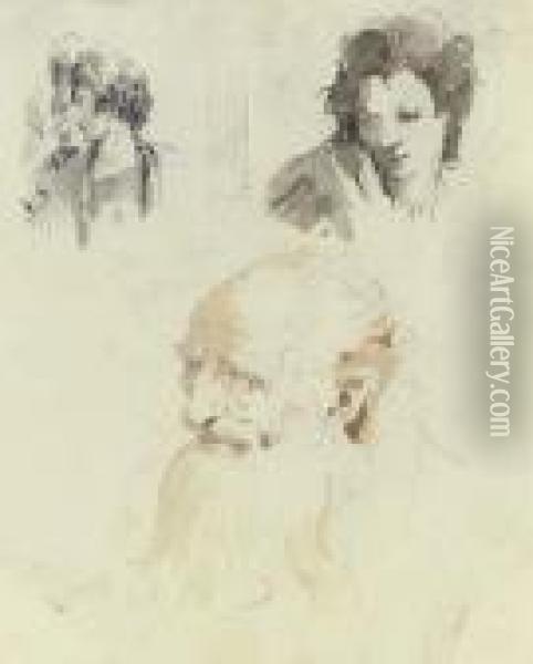 The Head Of An Old Man; Three 
Men, Bust-length, In Profile To The Left, Representing The Three Ages Of
 Man; And The Head Of A Youth Looking Down, Perhaps For A Rinaldo Oil Painting - Giovanni Battista Tiepolo