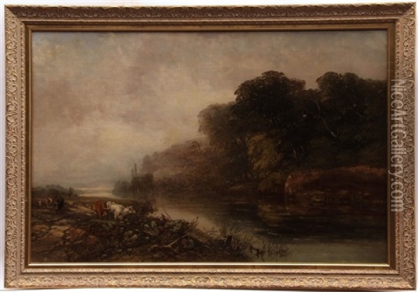 River Landscape With Herder, Sheep And Cattle At Ferry Oil Painting - Arthur James Stark