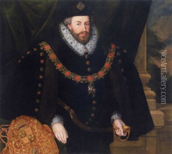 Portrait Of Sir Christopher Hatton Wearing The Garter Chain, And A Fur Lined Coat, His Bag Of Office To The Left Oil Painting - Marcus Gerards the Younger