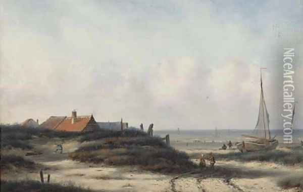 Fisherfolk by a village on the Dutch coast Oil Painting - Carl Eduard Ahrendts