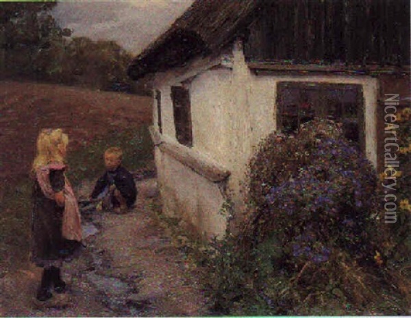 Lille Pige Og Dreng, Der Leger Udfor Bondehus, I Forgrunden Blomstrende Buske Oil Painting - Hans Andersen Brendekilde