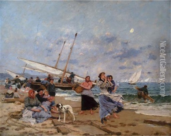 Las Barcas Del Bou Oil Painting - Francisco Miralles y Galup