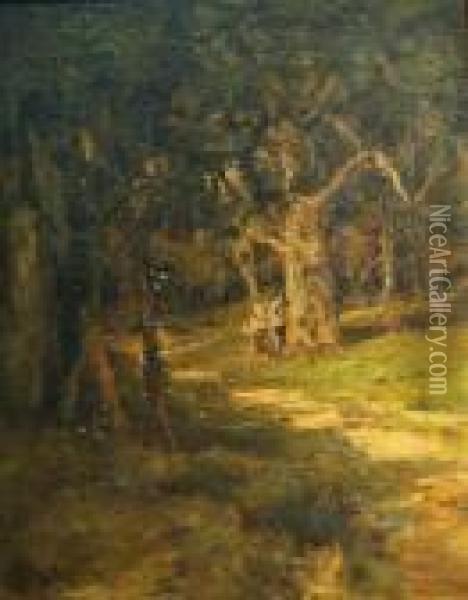 Two Figures By A Woodland Path Oil Painting - William Keith