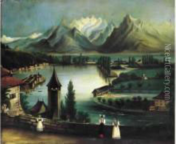 Paysage Avec Un Lac Et Des Montagnes, Circa 1890 Oil Painting - Henri Julien Rousseau