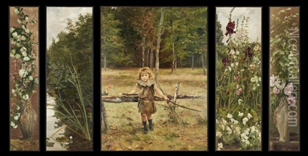 Portrait Of A Young Girl In A Landscape Surrounded By Flowers (in 5 Pieces) Oil Painting - Jean Delvin