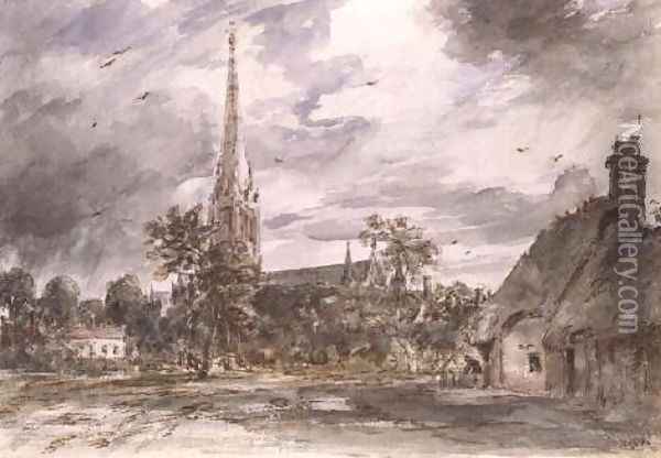 Salisbury Cathedral: with cottages Oil Painting - John Constable