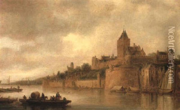 The Valkof, Nijmegen, With A Ferry On The Waal In The Foreground Oil Painting - Frans de Hulst