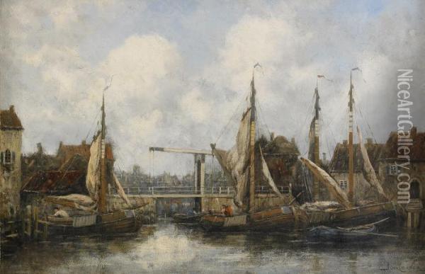 The Old Drawbridge Lwolle - Holland Oil Painting - Hermanus Jr. Koekkoek
