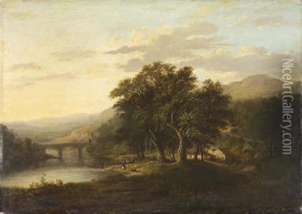 A Wooded Highland Landscape With Fisherman Oil Painting - Alexander Nasmyth