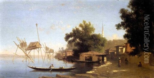 A Riverine View In Turkey  (beykoz?) Oil Painting - Charles Theodore (Frere Bey) Frere