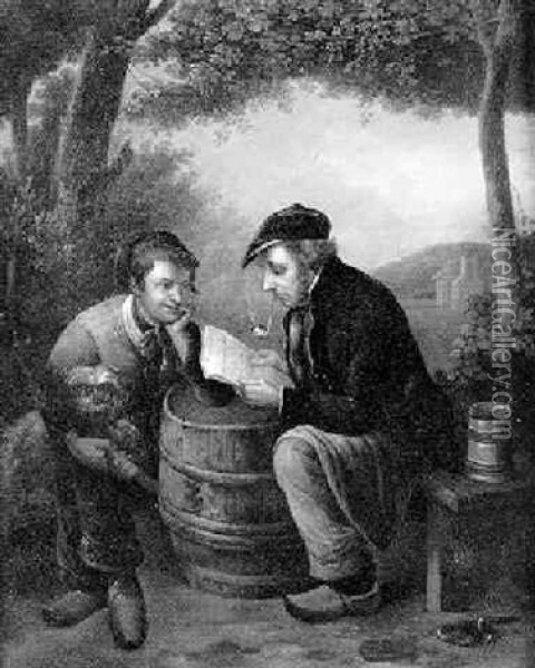 Zwei Junge Manner Sitzen An Einem Weinfas Und Lesen Die Zeitung Oil Painting - Johann Heinrich Stobwasser
