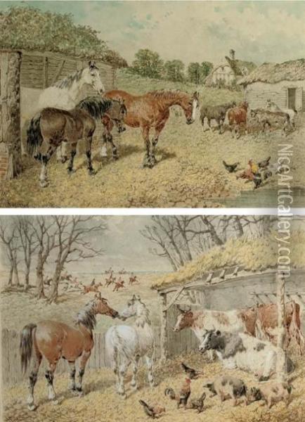 Horses, Cattle, Pigs And 
Chickens In A Byre With A Hunt Beyond; And Horses And Chickens By A 
Farmyard Pond Oil Painting - John Frederick Herring Snr