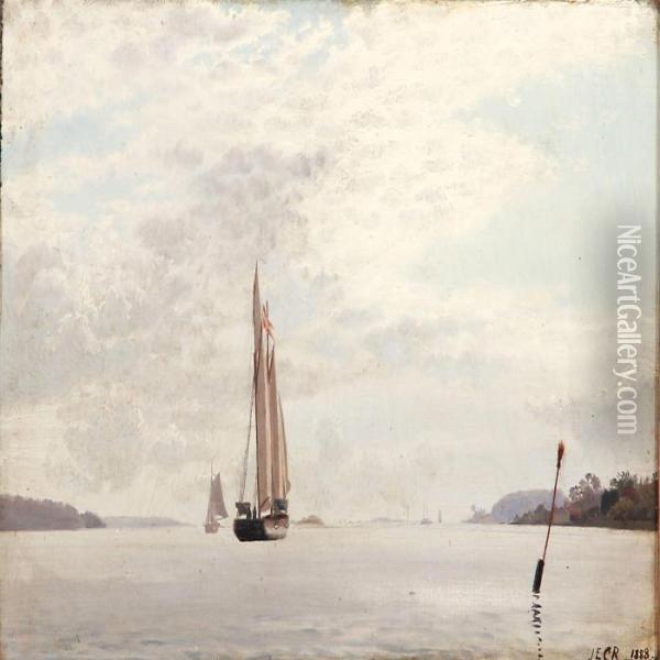 Seascape With Sailing Ships In A Fiord Oil Painting - J.E. Carl Rasmussen