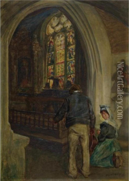 Breton Church Interior With Figures Oil Painting - Aloysius C. O'Kelly