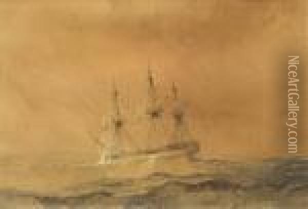 Three Mastedsailing Ship In A Swell Oil Painting - William Callow