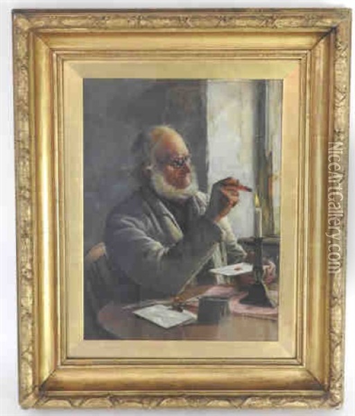 Elderly Gentleman Seated At A Desk Sealing A Letter Oil Painting - Claude Pratt
