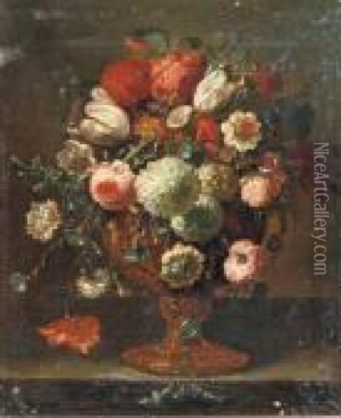 Roses, Tulips, Violets, 
Hydrangeas And Other Flowers In An Earthenware Vase On A Stone Ledge Oil Painting - Pieter III Casteels