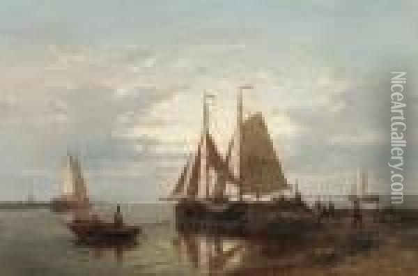 Moored Fishing Boats In A Calm With Fishing-folk On A Jetty Oil Painting - Abraham Hulk Jun.