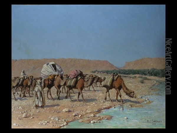 Kamelkarawane Bei Der Tranke An Einem Wadi-flusslauf In Der Wuste Oil Painting - Paul Jean Baptiste Lazerges