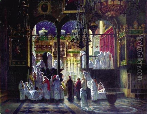 Ceremonie Religieuse Dans L'eglise Du Saint-sepulcre A Jerusalem Oil Painting - Johann Ludwig Rudolf Durheim