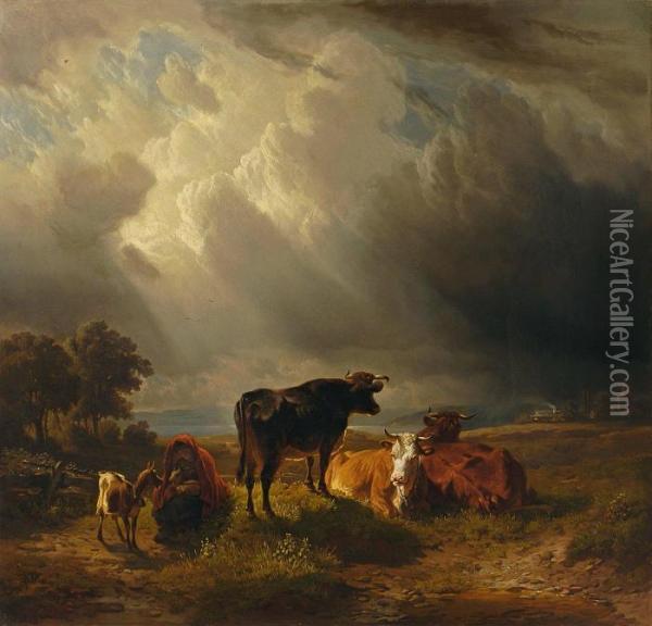 Hirtin Mit Zicklein Und Kuhen In Gewitterlandschaft Oil Painting - Friedrich Johann Voltz