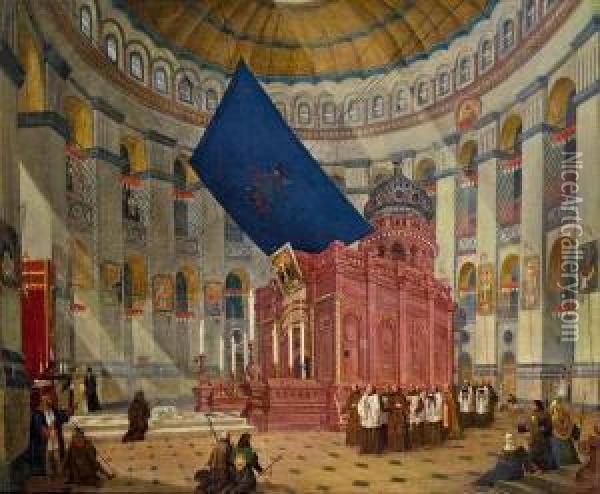Blick In Das Innere Der Grabeskirche In Jerusalem Oil Painting - Hubert Sattler