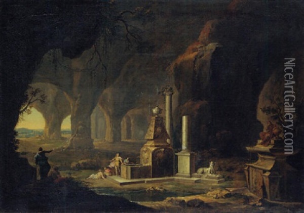 A Grotto With Figures By A Fountain Oil Painting - Johann George Boehm the Younger