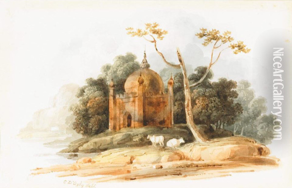 Moslem Temple In Bengal (near Patina) Oil Painting - Charles Baronet D'Oyly