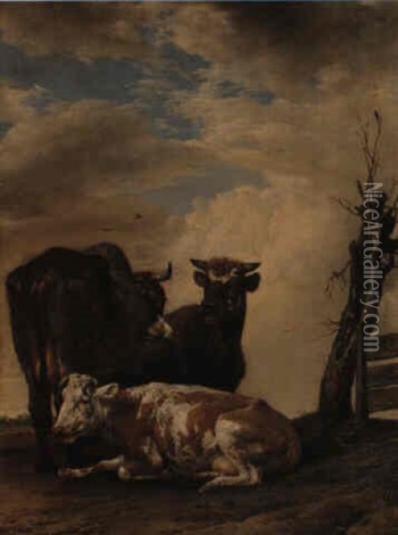 Two Cows And A Bull In A Meadow Oil Painting - Paulus Potter