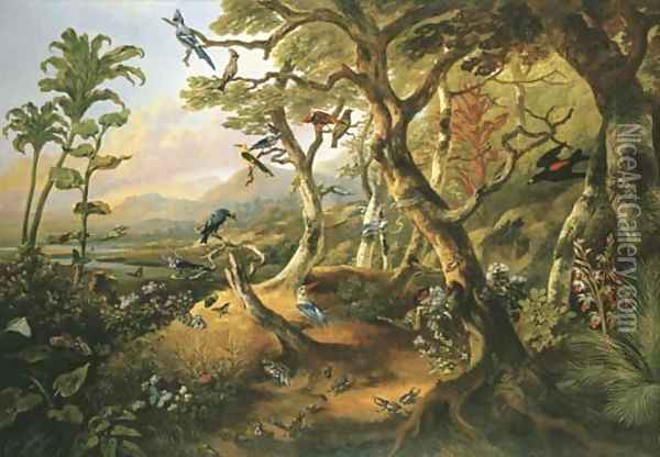 Exotic birds and insects among trees and foliage in a mountainous river landscape Oil Painting - Philip Reinagle