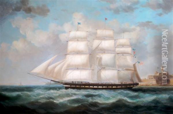 Clipper In Harbor Oil Painting - Ernest Ponthier De Chamaillard