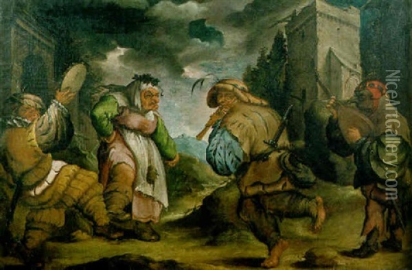 An Old Peasant Couple Dancing To A Tambourine And A Lute Oil Painting - Faustino Bocchi