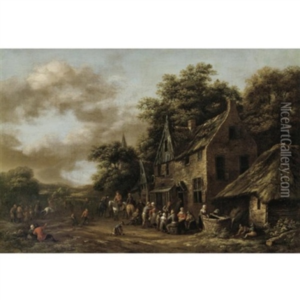 A Village Scene With Numerous Peasants Outside A Tavern Oil Painting - Barend Gael