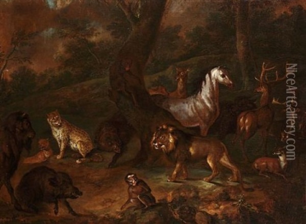 Stags, Hinds, A Horse, Lions, A Bear, A Cheetah, Wild Boar, A Monkey And A Bison In A Wooded Glade Oil Painting - Johann Melchior Roos